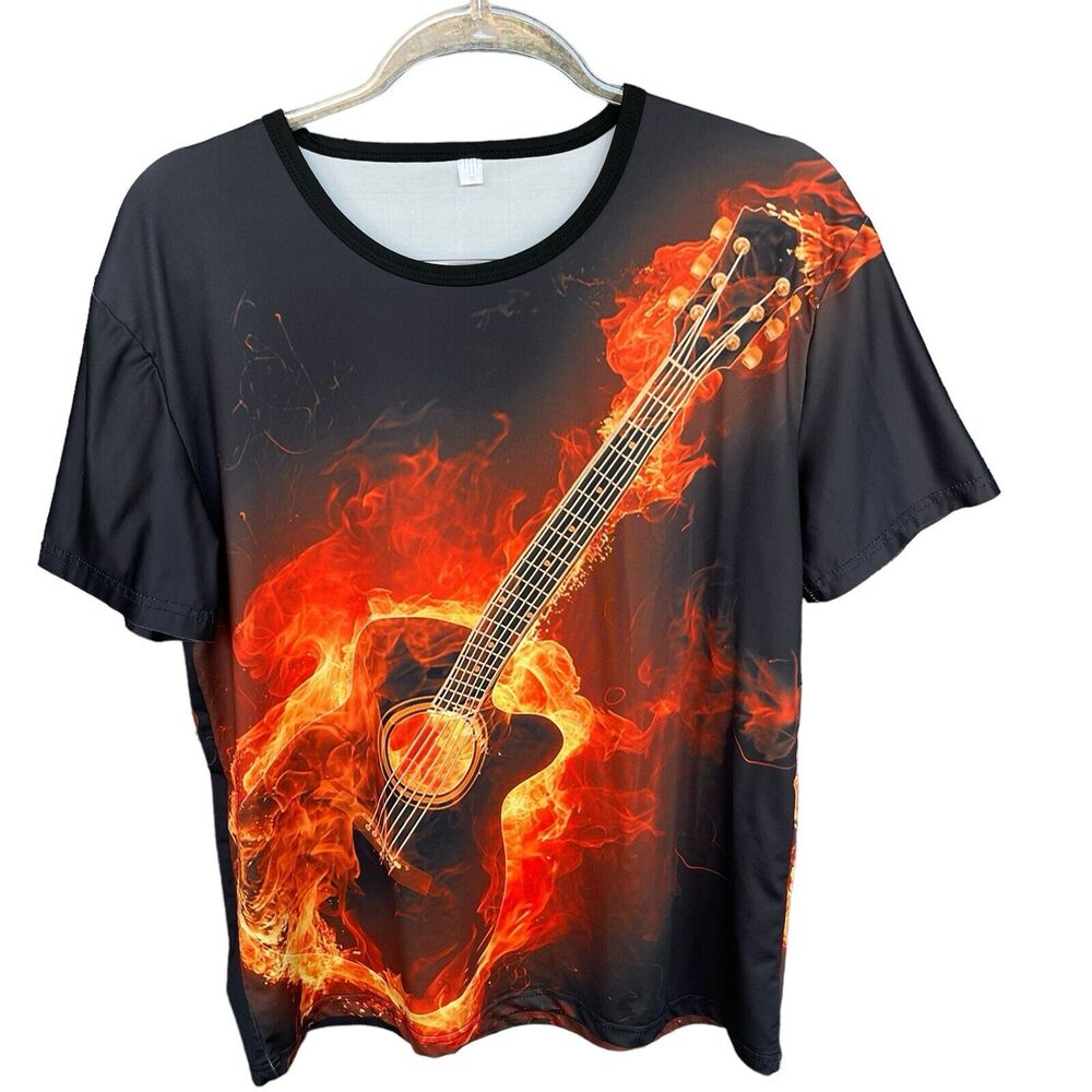 Flaming Guitar Shirt Adult Medium Black Short Sleeve Slinky Gamer Rock‎ Band